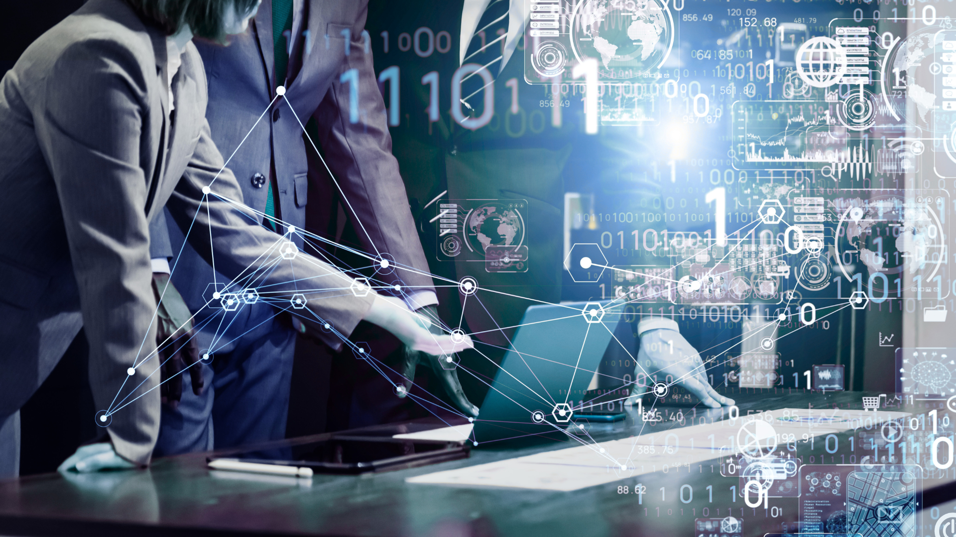 IT Asset Management ITAM South Africa - business professional managing connected network infrastructure with digital analytics overlays representing comprehensive asset lifecycle management services